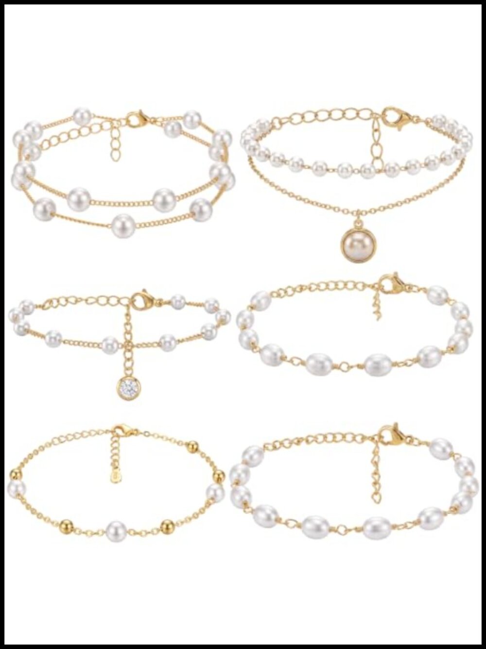 6 Pcs Pearl Beaded Bracelets Gold Plated Stackable Jewelry Set